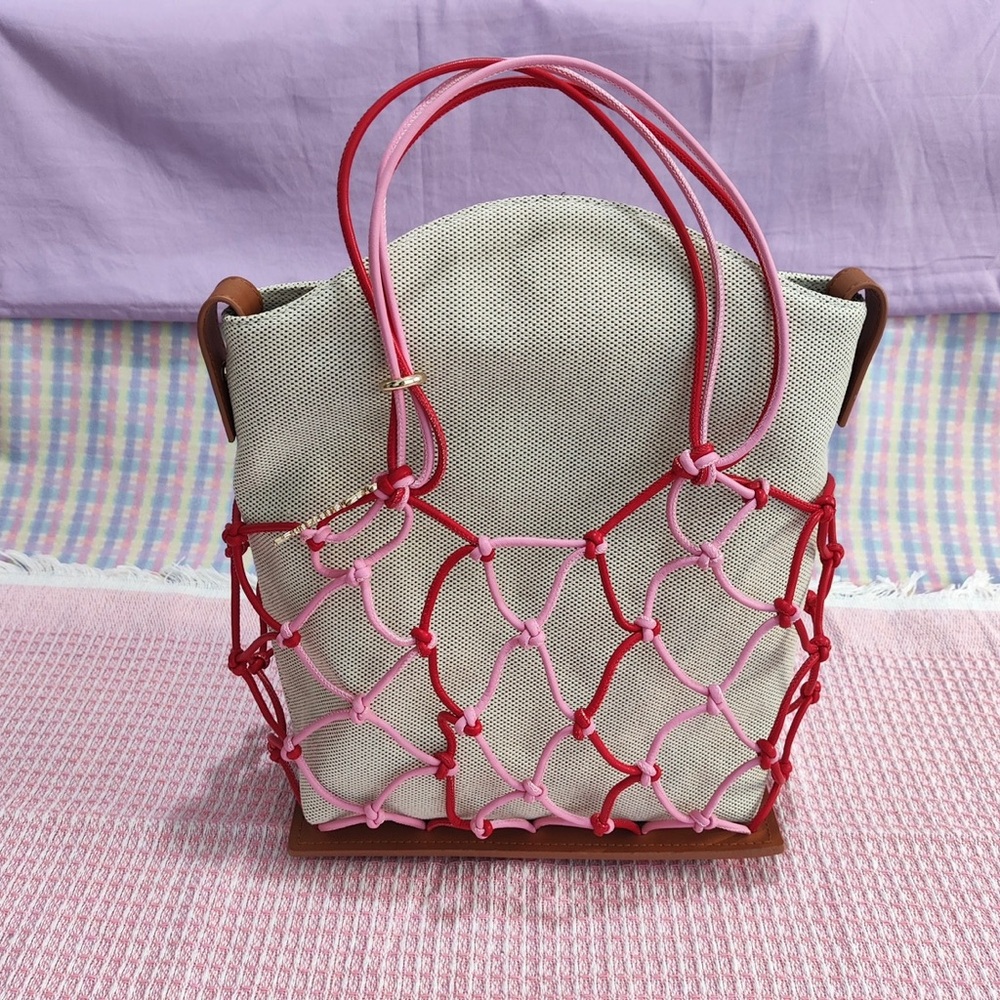 Jacquemus Beige Canvas Tote with Pink and Red Macramé Overlay